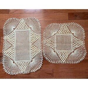 Vintage Hand-Crocheted Doily Set Cream 12"x12" Square & 11"x15" Rectangle Handma